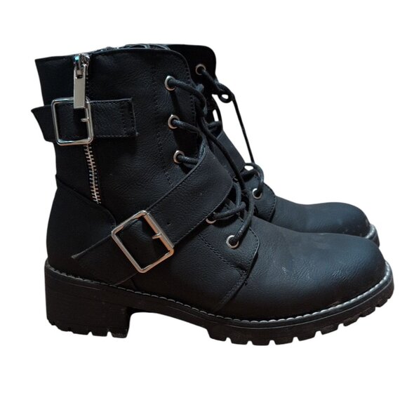 Ankle Boots Black Leather Faux Lace up & Buckle Biker 2" Block Heel Combat Shoes - Picture 1 of 6